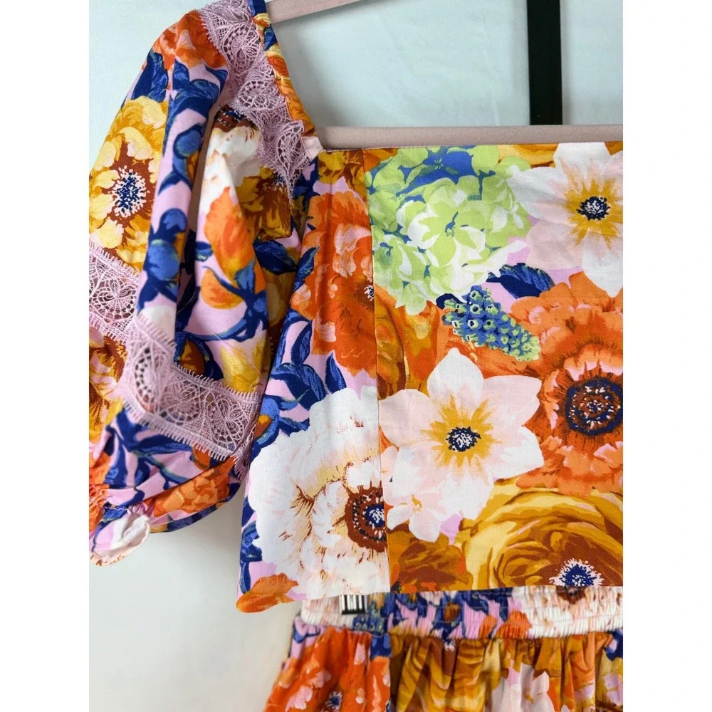Buddy Love Girls Floral 2 Piece Set Orange Pink Lace Tiered Skirt Crop Top Sz 14